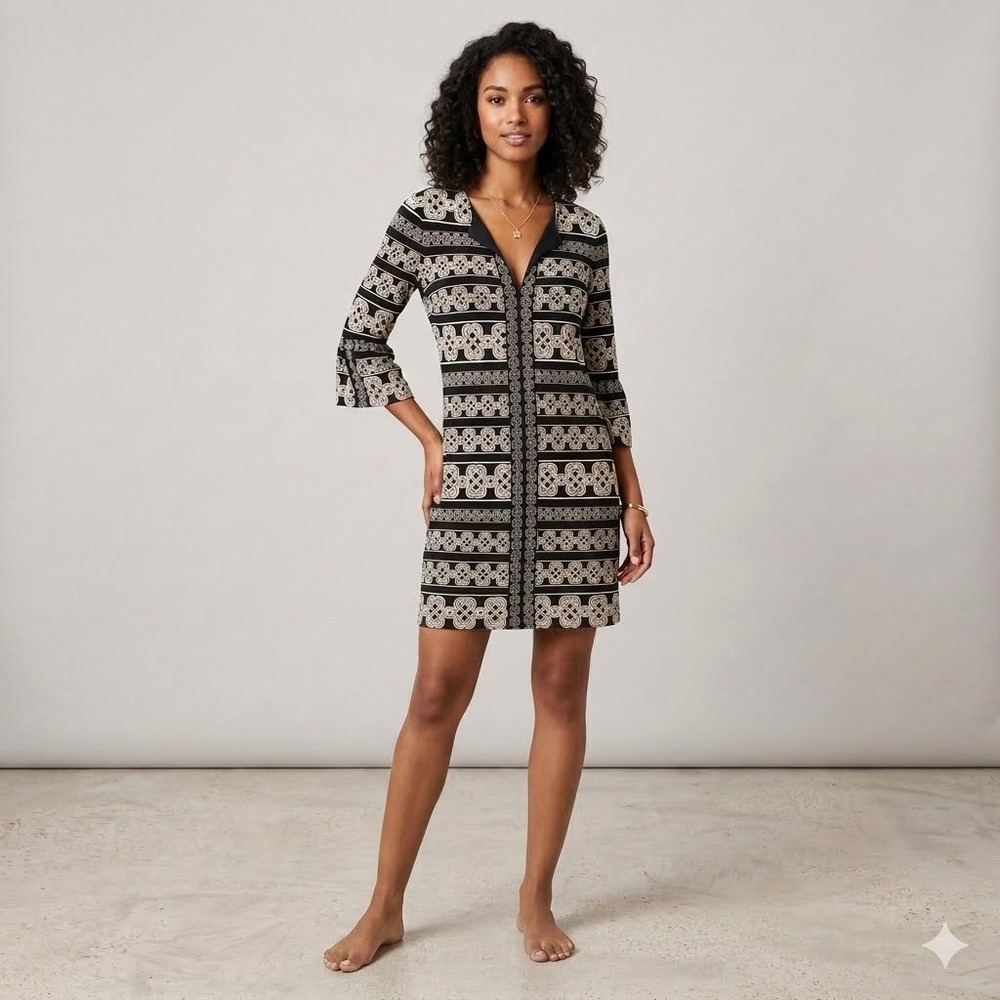 Diane von Furstenberg Black White Silk Geometric Chain‎ Print Shift Dress Size 4